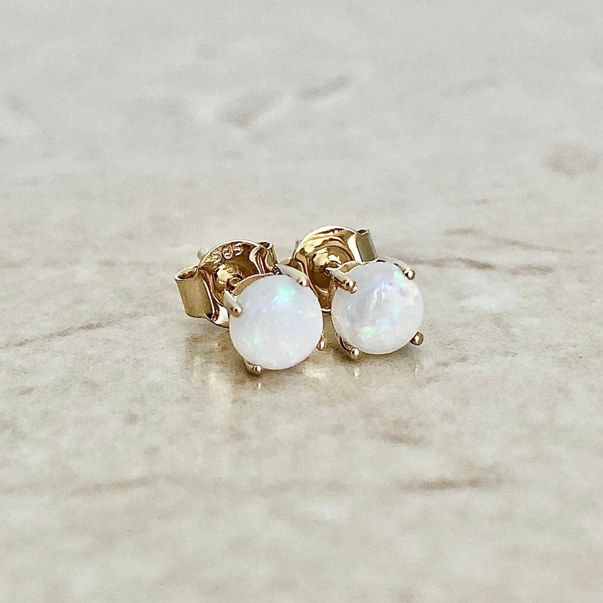 14K Round Opal Stud Earrings - Yellow Gold Opal Studs - Gold Opal Earrings -Genuine Opal-Round Opal Earrings-October Birthstone Gift For Her
