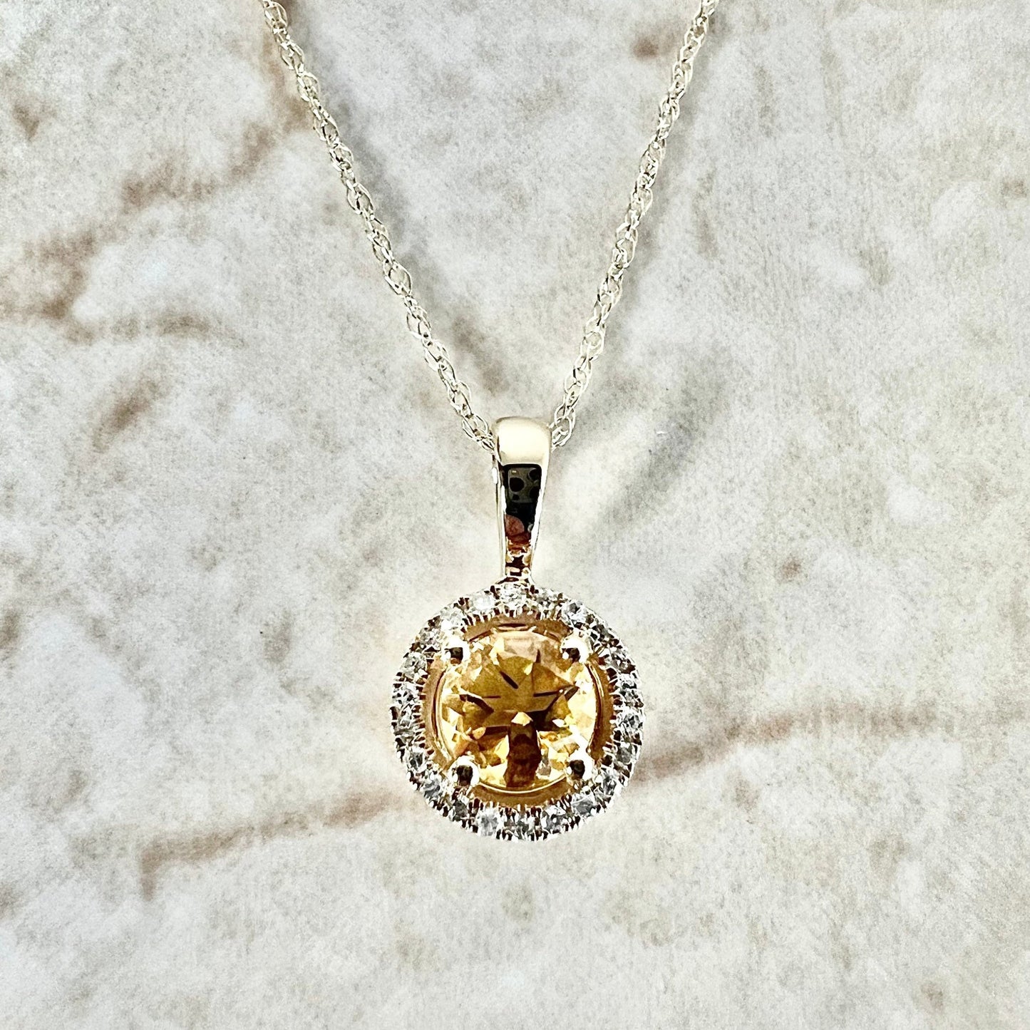14 Karat Yellow Gold October Birthstone Round Citrine & Diamond Halo Pendant Necklace