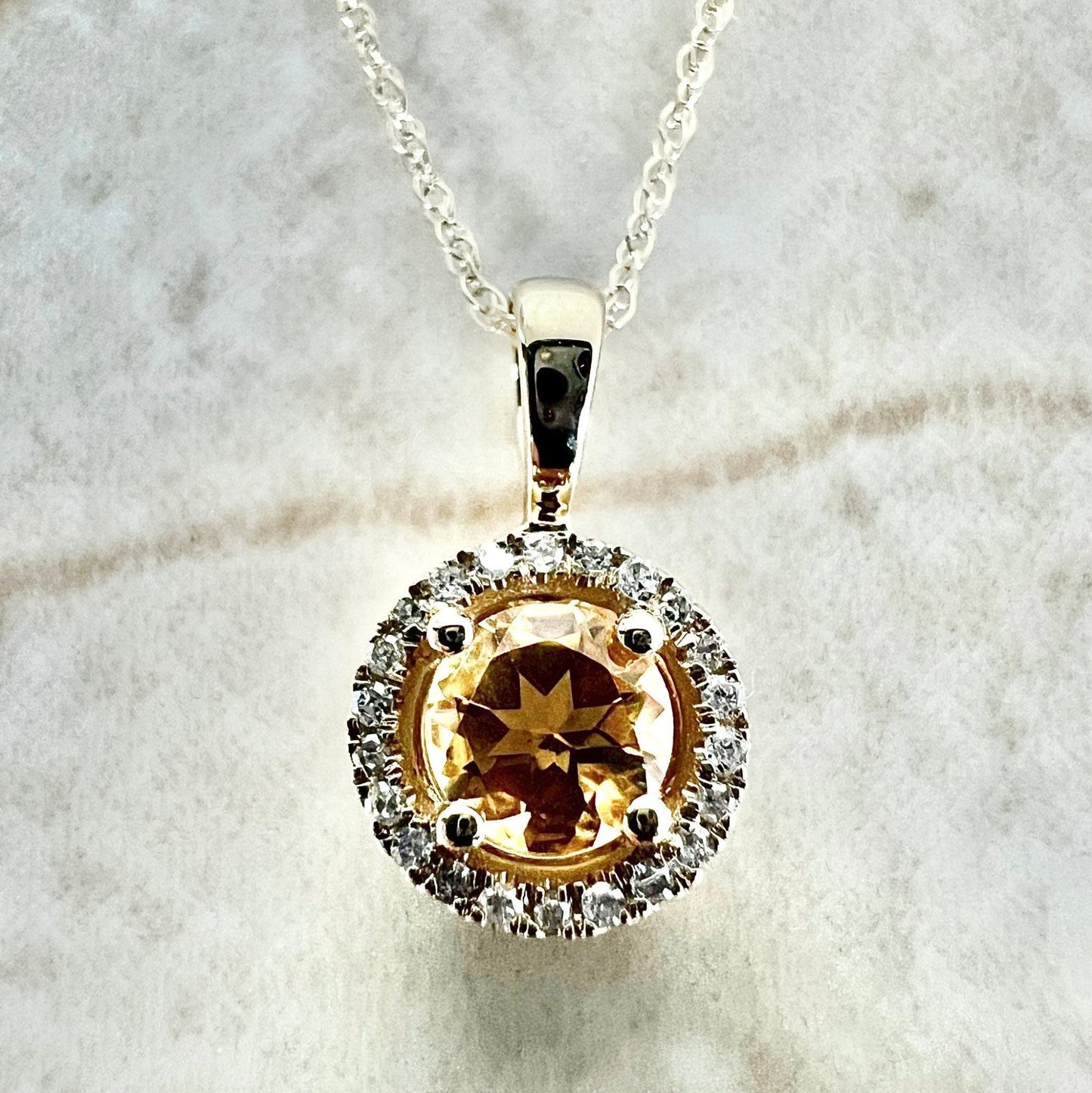 14K Round Citrine Halo Pendant Necklace - Yellow Gold Citrine Necklace - Citrine Halo Necklace - Citrine Pendant - November Birthstone Gift