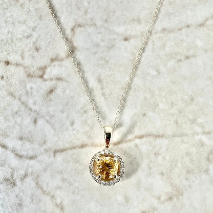 14K Round Citrine Halo Pendant Necklace - Yellow Gold Citrine Necklace - Citrine Halo Necklace - Citrine Pendant - November Birthstone Gift