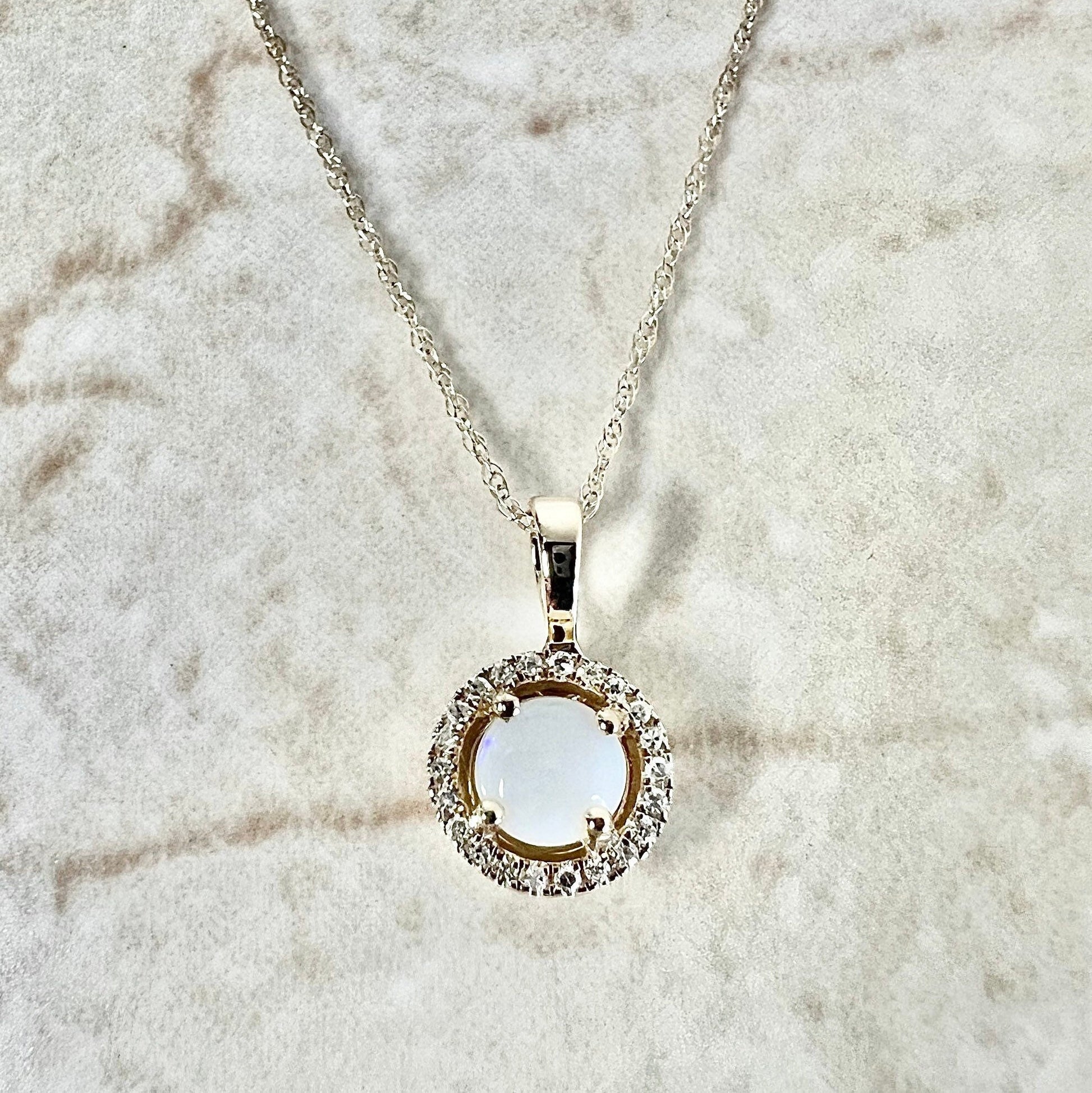 14K Round Opal Halo Pendant Necklace - Yellow Gold Opal Necklace - Opal Halo Necklace -Opal Pendant-October Birthstone-Birthday Gift For Her