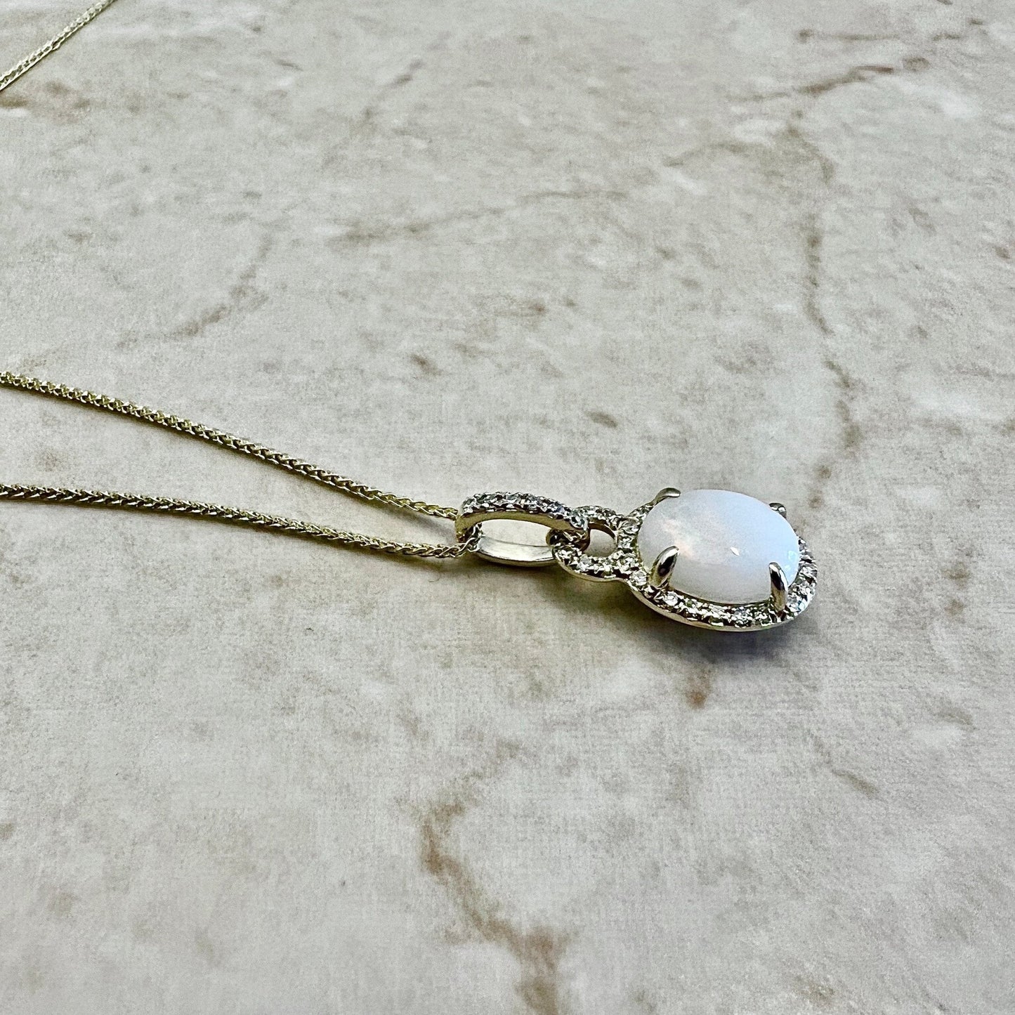 14K Opal & Diamond Halo Pendant Necklace - Yellow Gold Pendant - October Birthstone - Genuine Gemstone - 18” Chain - Birthday Gift