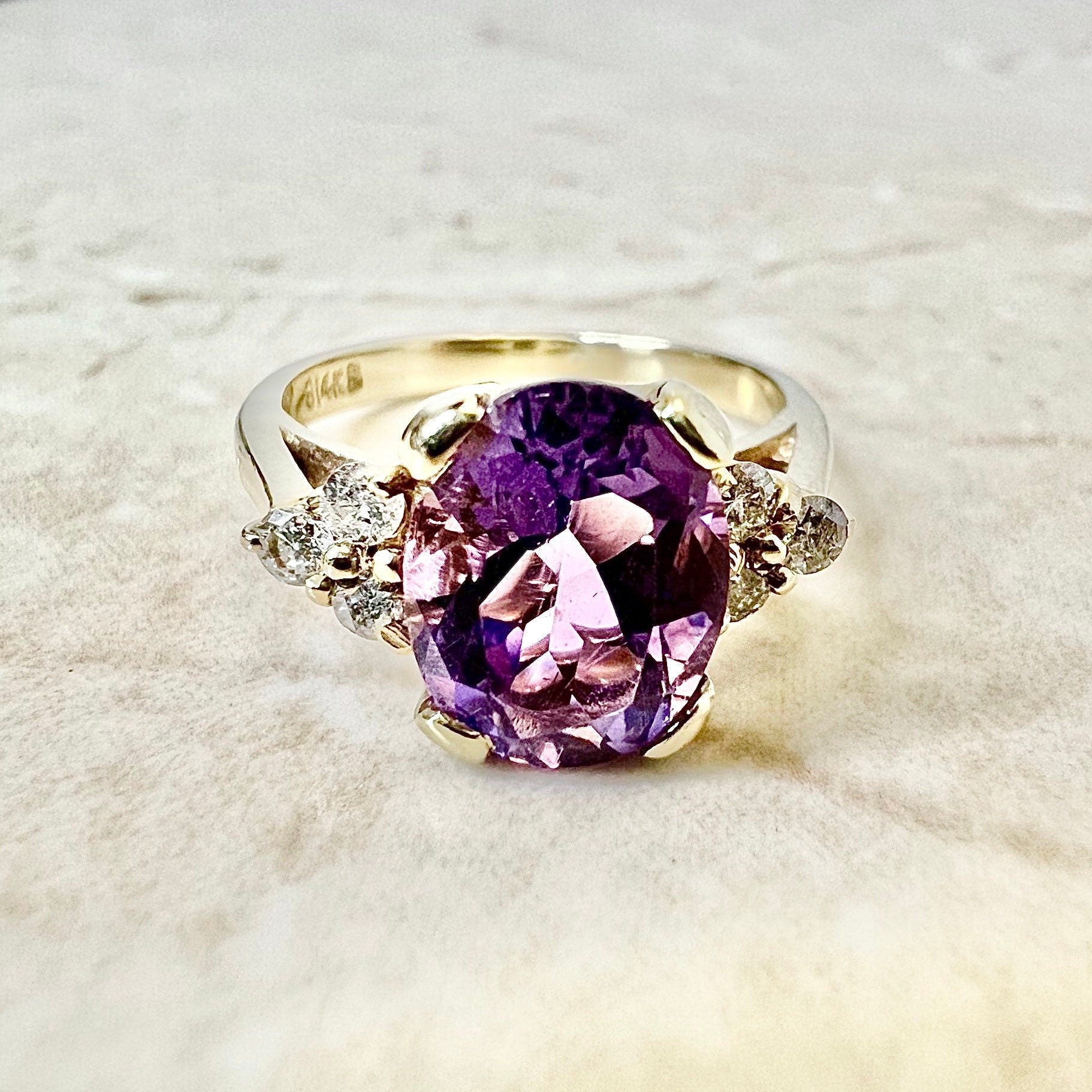 14K Oval Amethyst & Diamond Ring - Yellow Gold Cocktail Ring - Birthday Gift - Love Ring - February Birthstone - Gift For Her - Jewelry Sale
