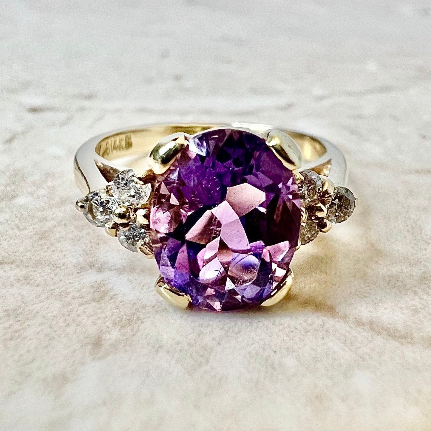 14K Oval Amethyst & Diamond Ring - Yellow Gold Cocktail Ring - Birthday Gift - Love Ring - February Birthstone - Gift For Her - Jewelry Sale