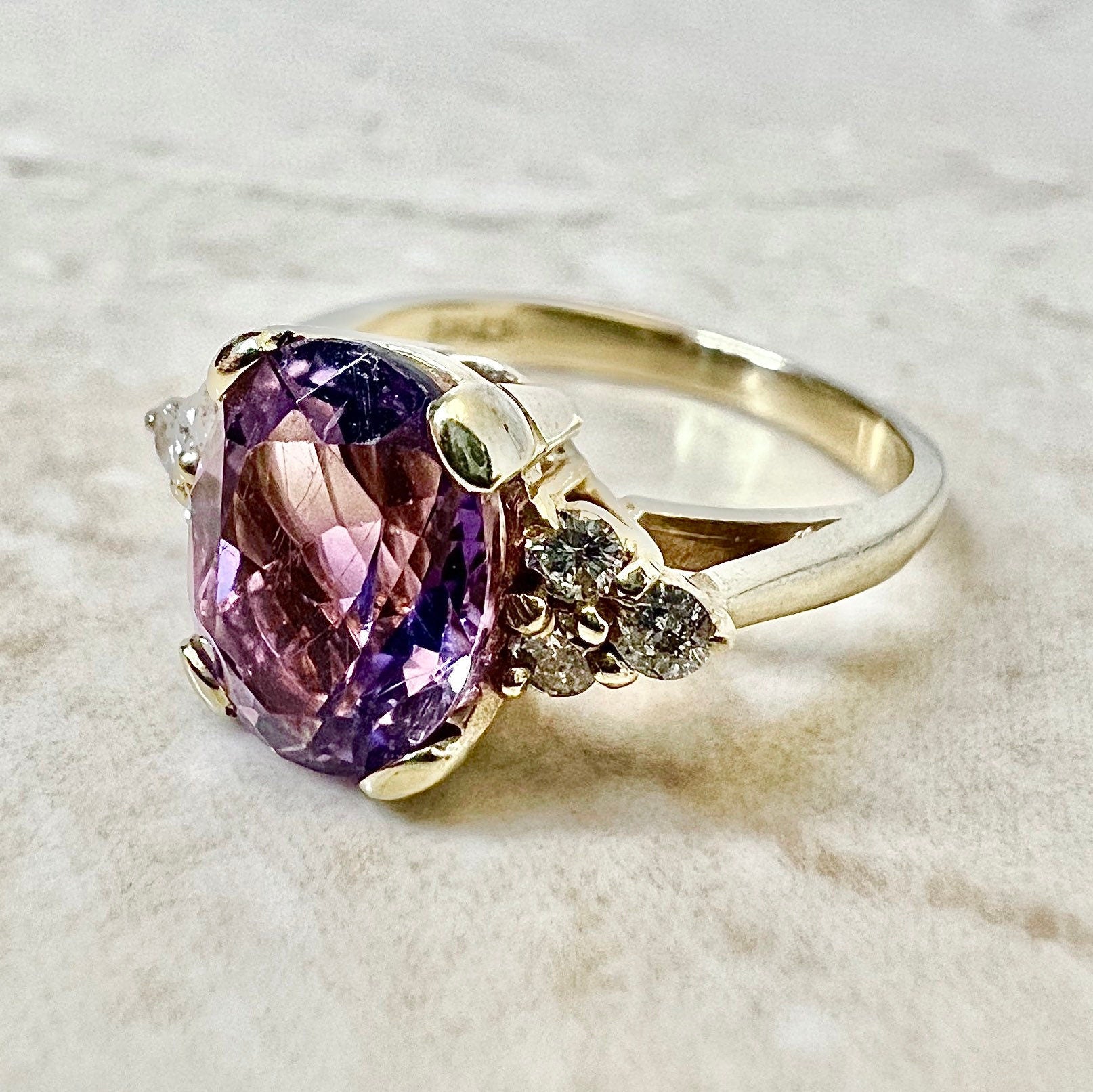 Vintage Heart Shaped Amethyst, Diamond, and 14K Gold Ring