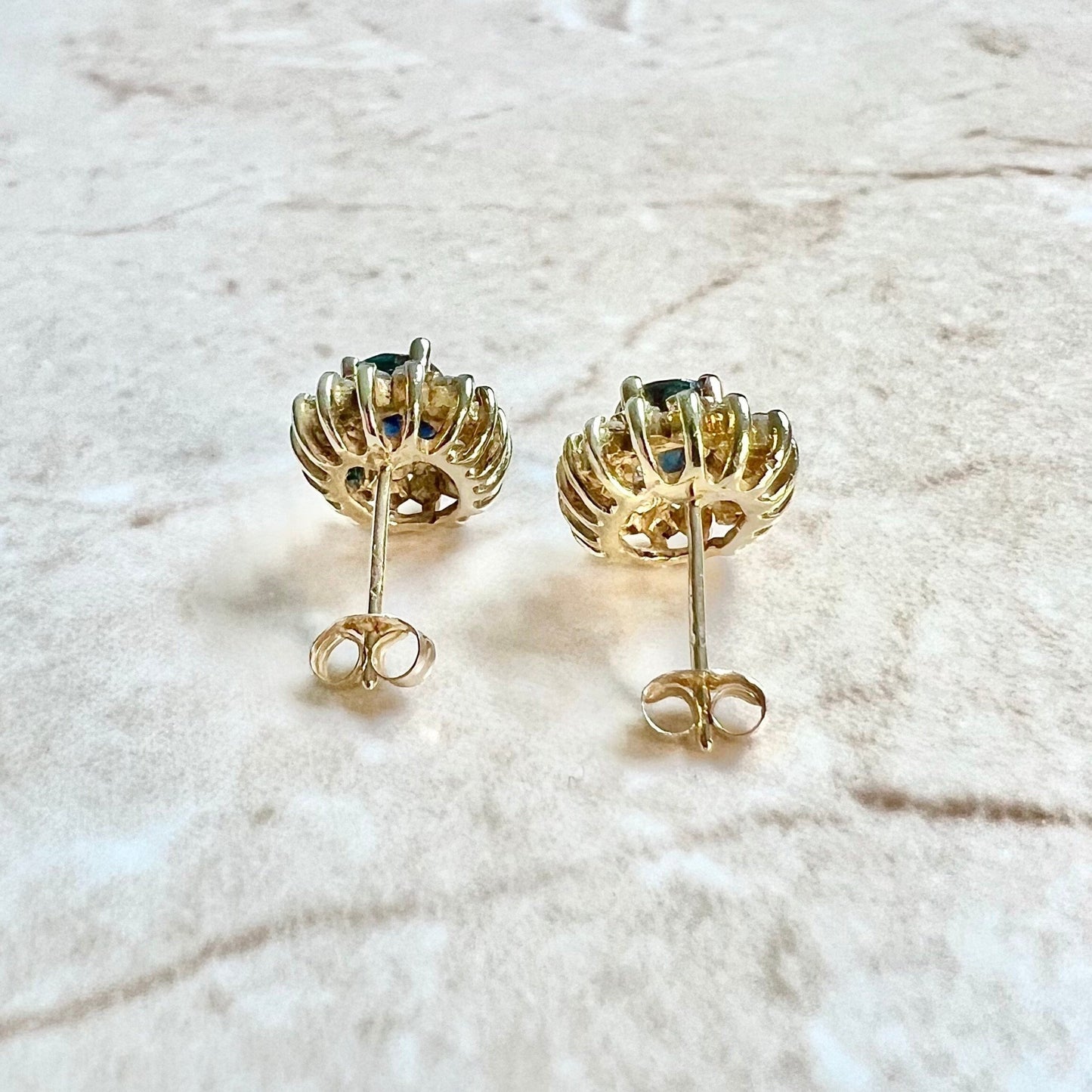 14K Diamond & Oval Sapphire Halo Stud Earrings - 14K Yellow Gold Sapphire Studs - Halo Sapphire Earrings - September Birthstone Earrings