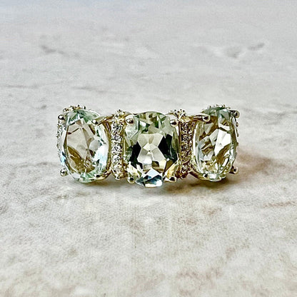 14K Oval Green Quartz & Diamond Cocktail Ring - Yellow Gold Three Stone Ring - Green Amethyst Ring - Gold Prasiolite Ring - Holiday Gift