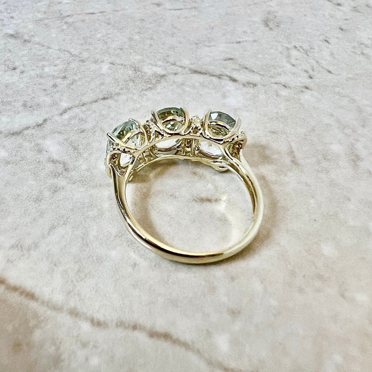 14K Oval Green Quartz & Diamond Cocktail Ring - Yellow Gold Three Stone Ring - Green Amethyst Ring - Gold Prasiolite Ring - Holiday Gift