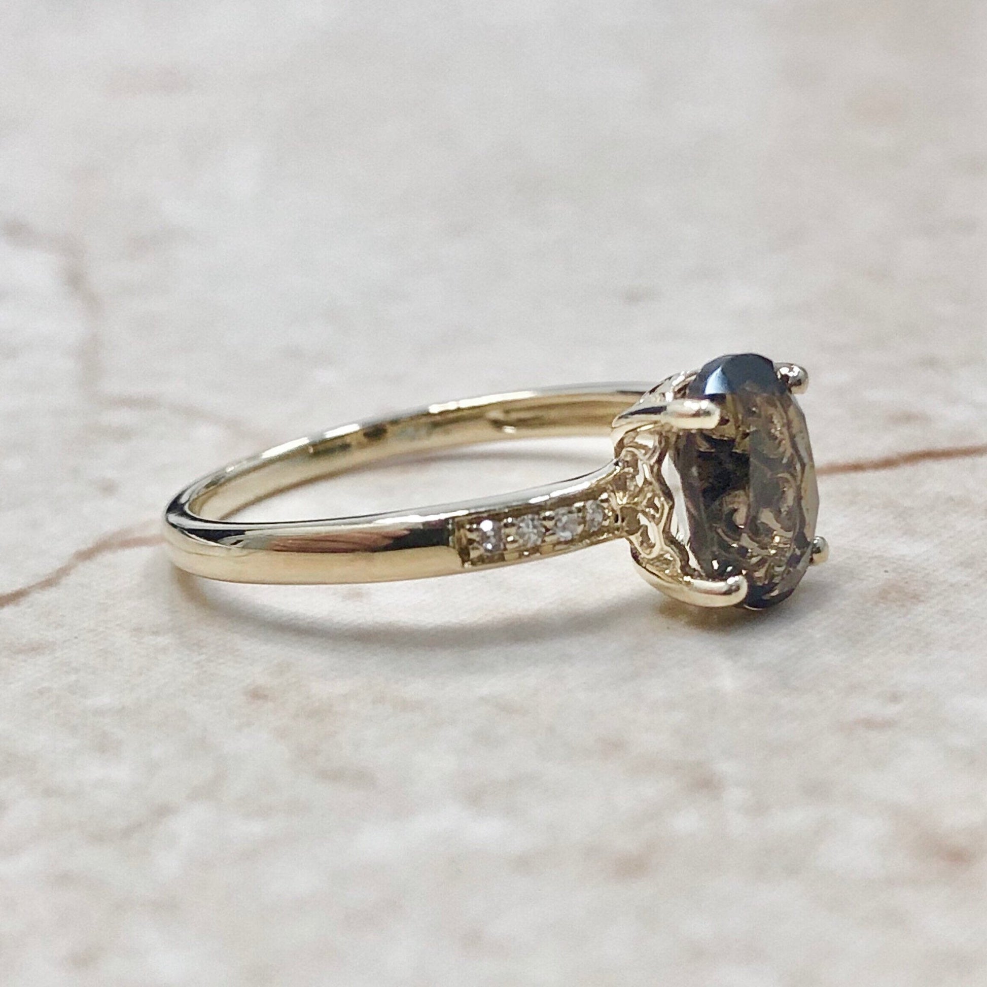 14K Oval Smoky Quartz & Diamond Ring -  Yellow Gold Smoky Quartz Solitaire Ring - June Birthstone  - Birthday Gift - Best Gift For Her