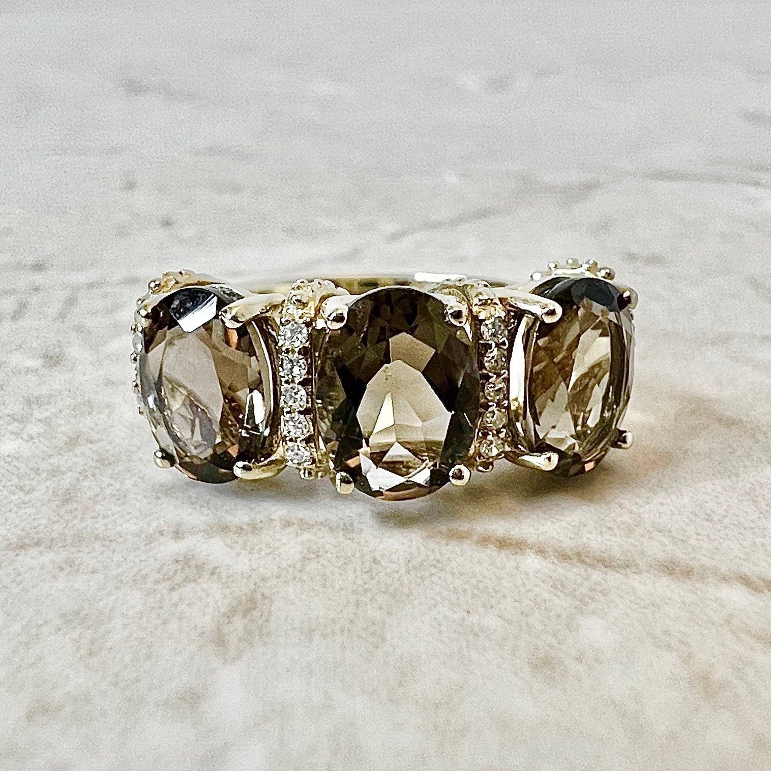 14K Oval Smoky Quartz & Diamond Cocktail Ring - Yellow Gold Three Stone Ring - June Birthstone - Gold Smoky Quartz Ring - Birthday Gift