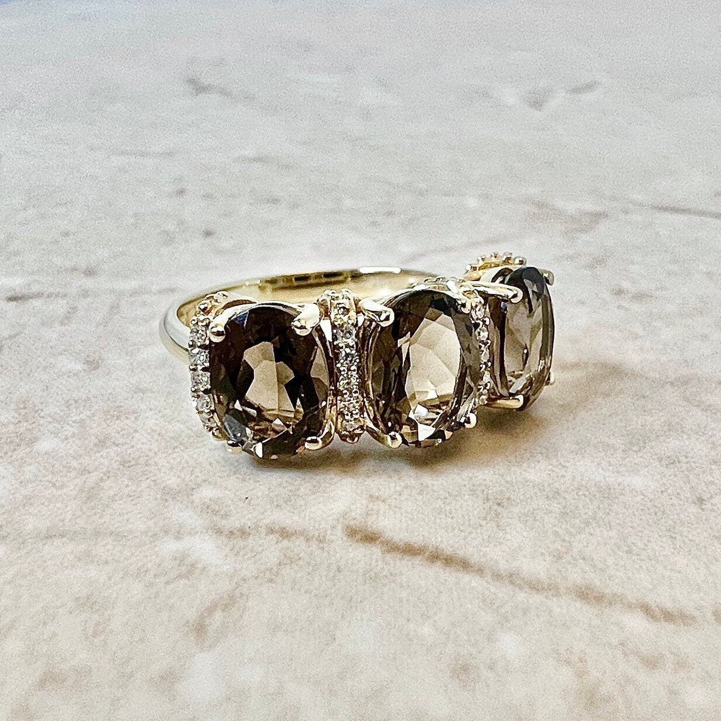 14K Oval Smoky Quartz & Diamond Cocktail Ring - Yellow Gold Three Stone Ring - June Birthstone - Gold Smoky Quartz Ring - Birthday Gift