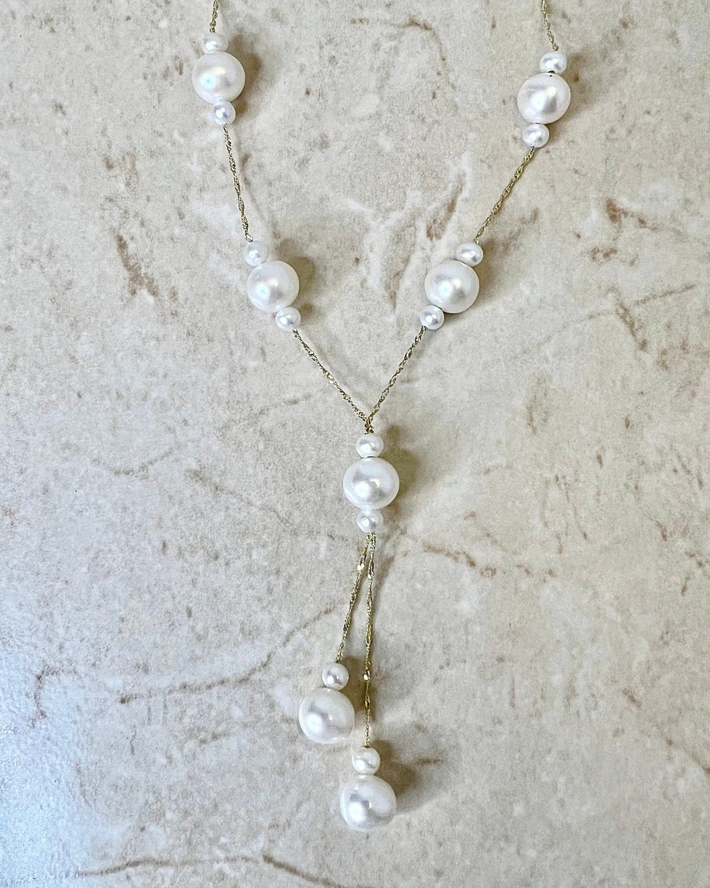 14K Lariat Pearl Necklace - Yellow Gold Genuine Pearl Necklace - Freshwater Pearl - Birthday Gift - June Birthstone - Best Gift For Her