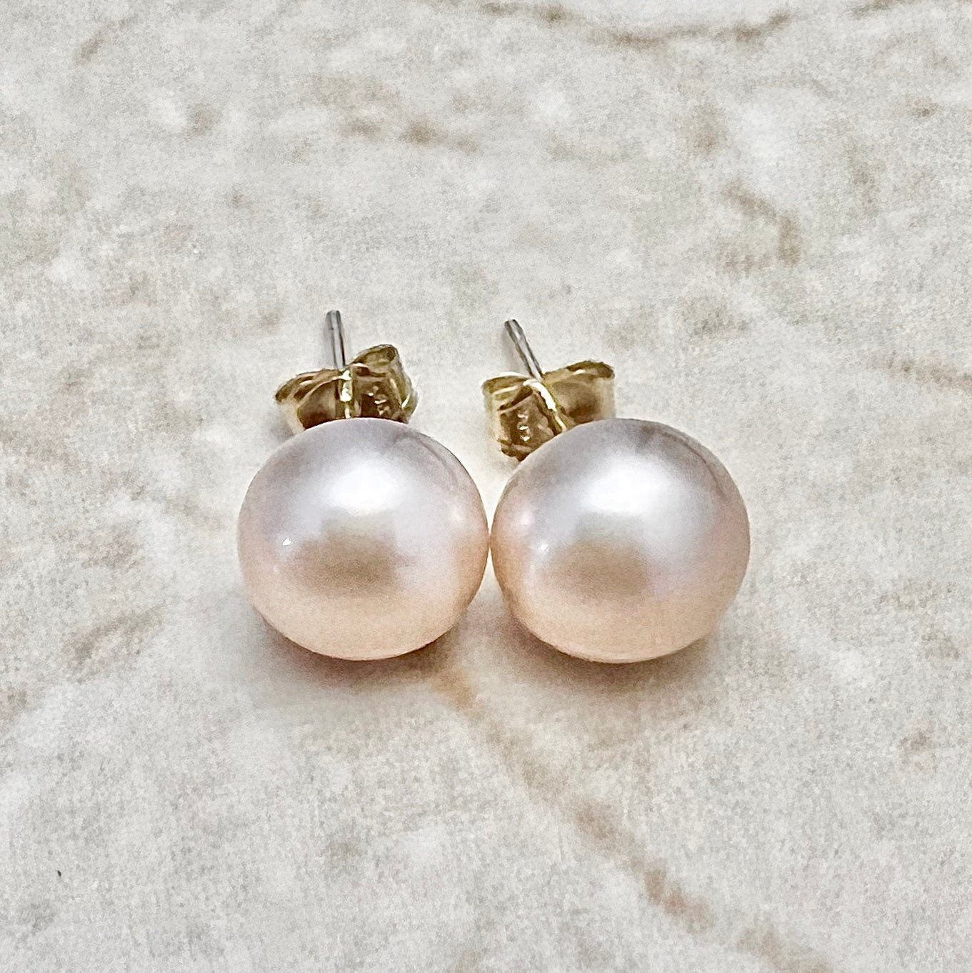 Classic Peach Pearl Stud Earrings In 14 Karat Yellow Gold - Genuine Freshwater Button Pearls - Best Birthday Gift For Her - June Birthstone