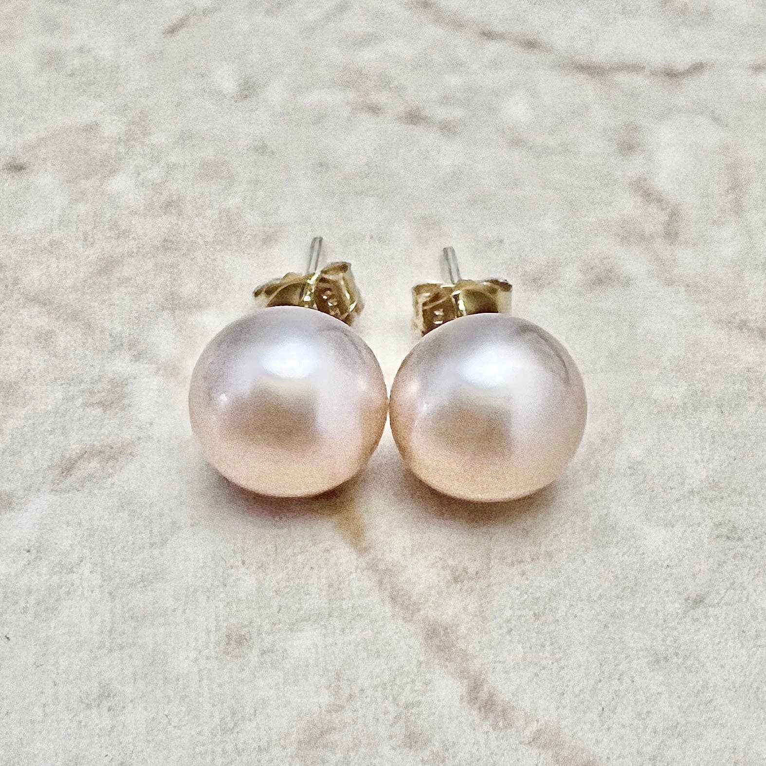 Classic Peach Pearl Stud Earrings In 14 Karat Yellow Gold - Genuine Freshwater Button Pearls - Best Birthday Gift For Her - June Birthstone