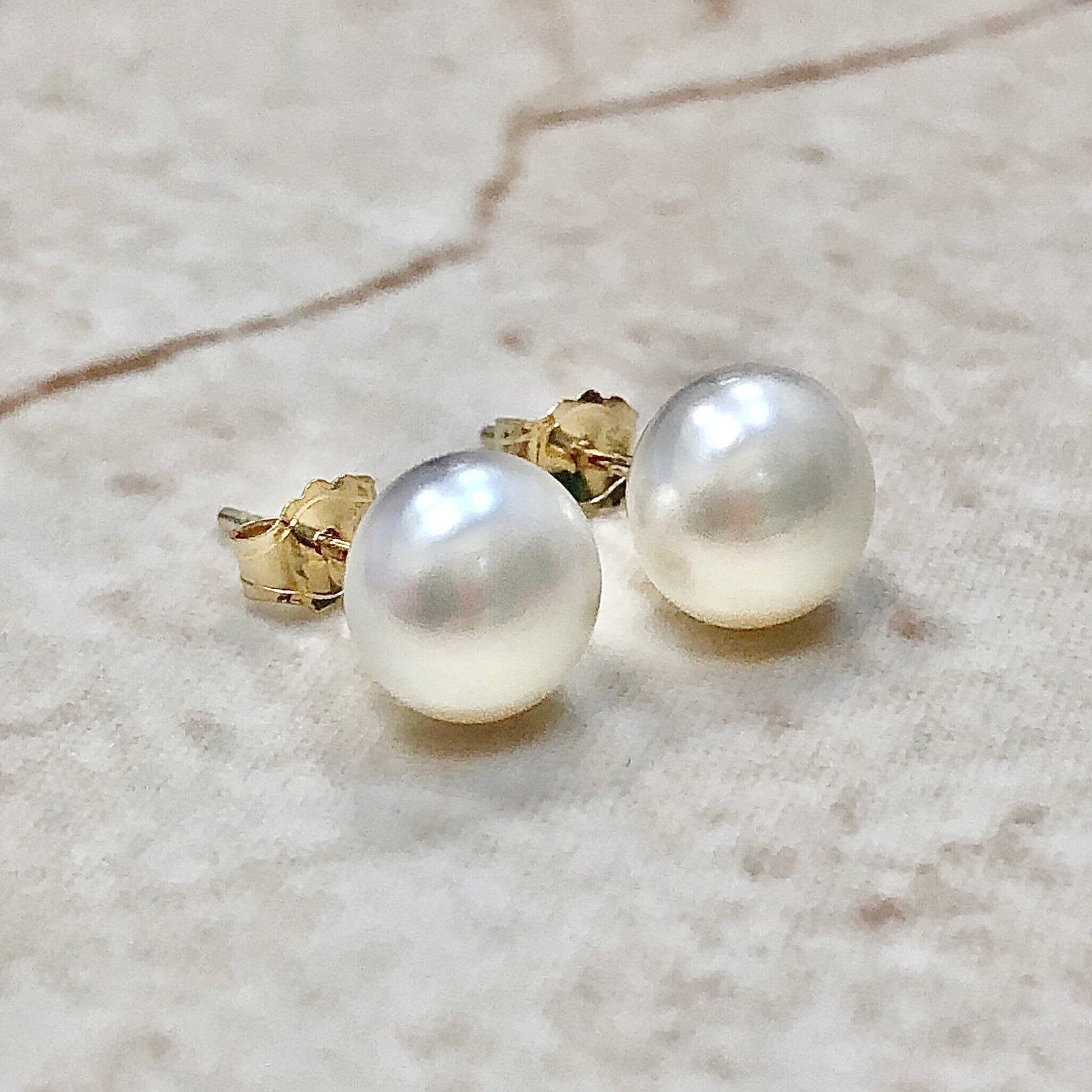 14K White Pearl Stud Earrings - Yellow Gold - Genuine Freshwater Button Pearls - June Birthstone - Best Birthday Gift For Her