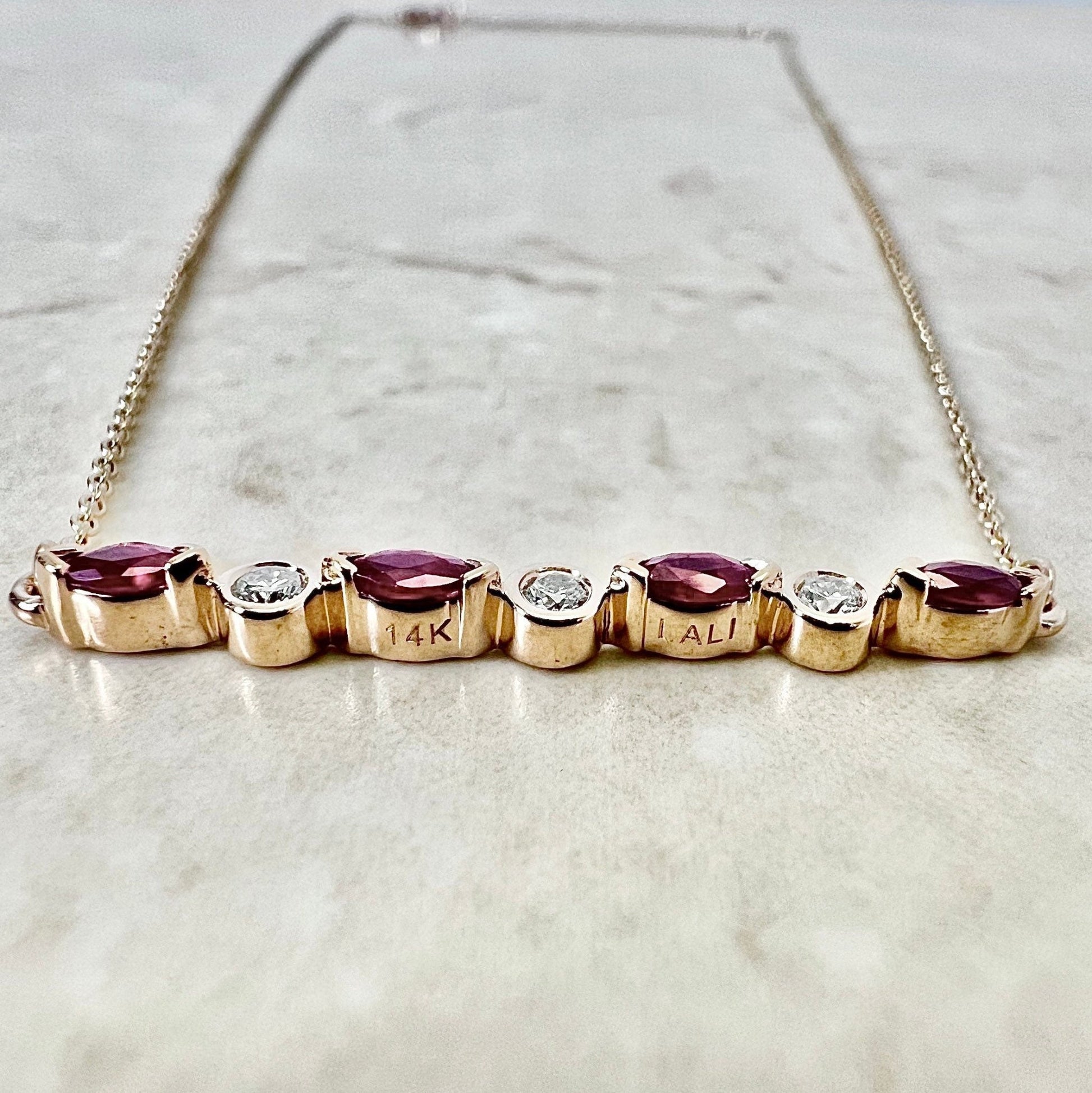 14K Ruby & Diamond Bar Pendant Necklace - Rose Gold Pendant Necklace - July Birthstone - Genuine Ruby - Holiday Gift - Birthday Gift