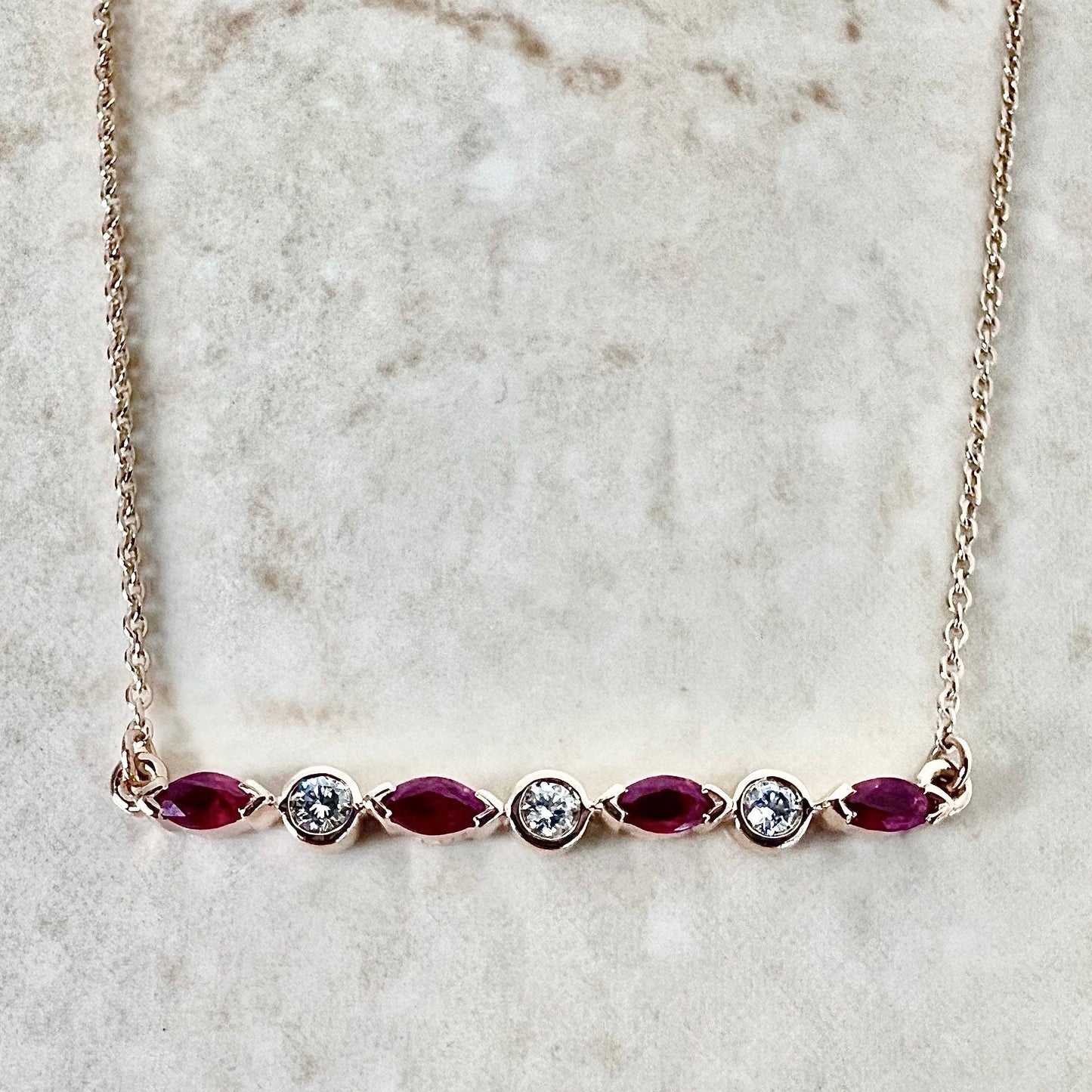 14K Ruby & Diamond Bar Pendant Necklace - Rose Gold Pendant Necklace - July Birthstone - Genuine Ruby - Holiday Gift - Birthday Gift