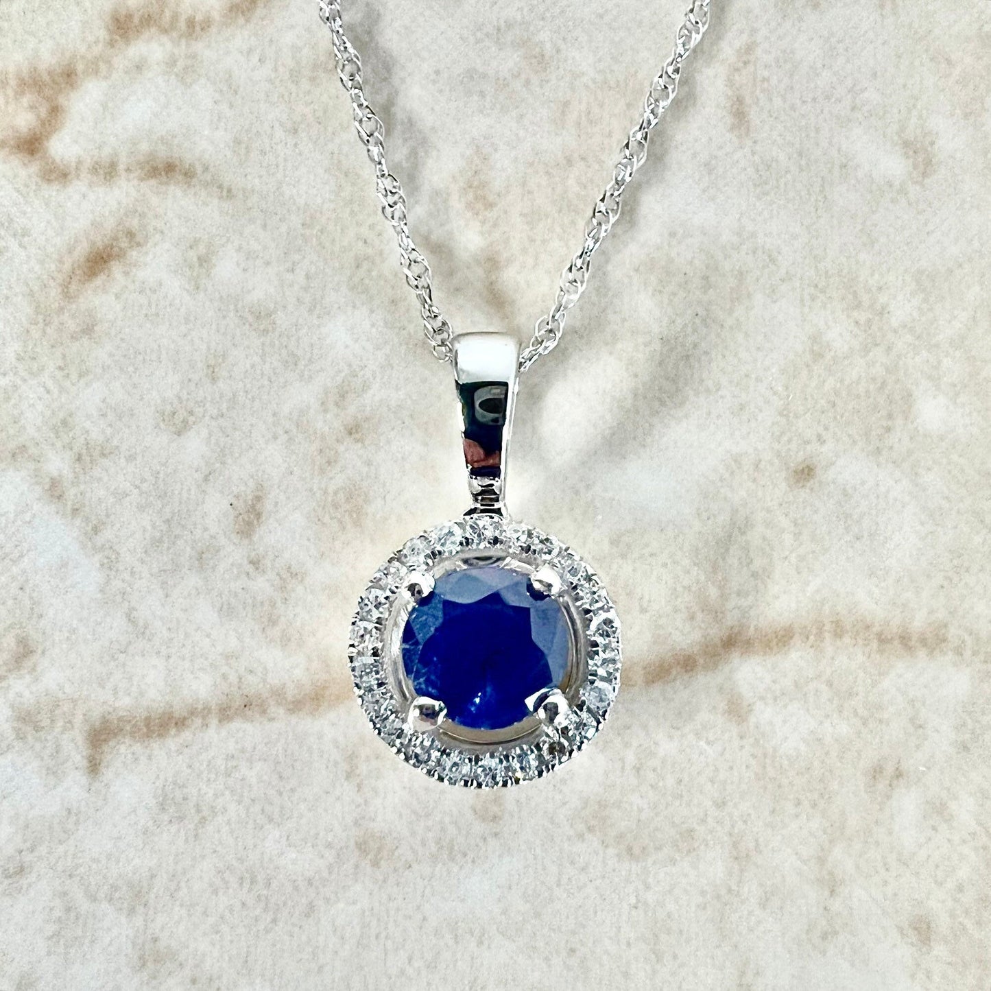 14 Karat Yellow Gold September Birthstone Round Blue Sapphire & Diamond Halo Pendant Necklace - WeilJewelry