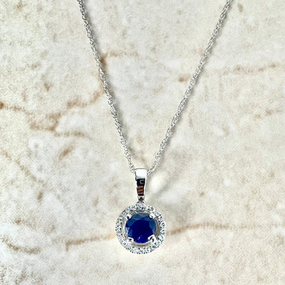 14 Karat Yellow Gold September Birthstone Round Blue Sapphire & Diamond Halo Pendant Necklace - WeilJewelry