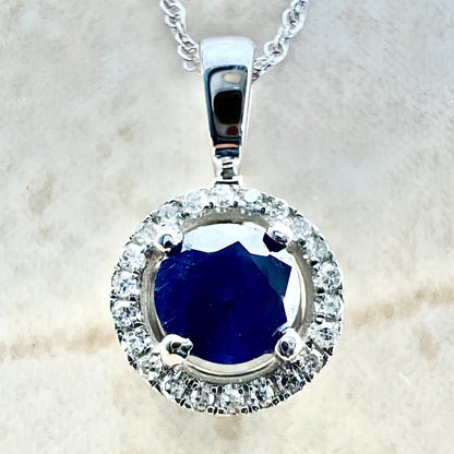 14 Karat Yellow Gold September Birthstone Round Blue Sapphire & Diamond Halo Pendant Necklace - WeilJewelry