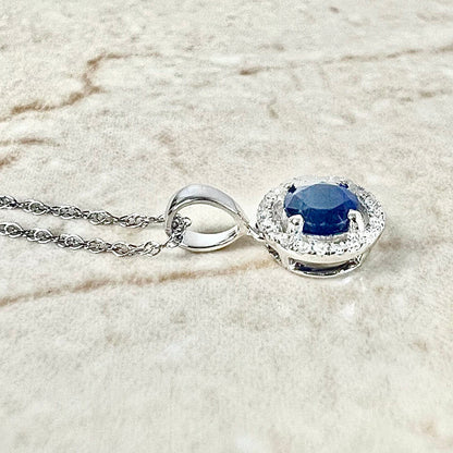 14 Karat Yellow Gold September Birthstone Round Blue Sapphire & Diamond Halo Pendant Necklace - WeilJewelry