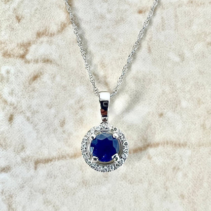 14K Round Sapphire Halo Pendant Necklace - White Gold Sapphire Necklace - Blue Sapphire Halo Necklace -Sapphire Pendant-September Birthstone