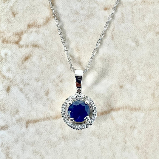 14 Karat Yellow Gold September Birthstone Round Blue Sapphire & Diamond Halo Pendant Necklace - WeilJewelry