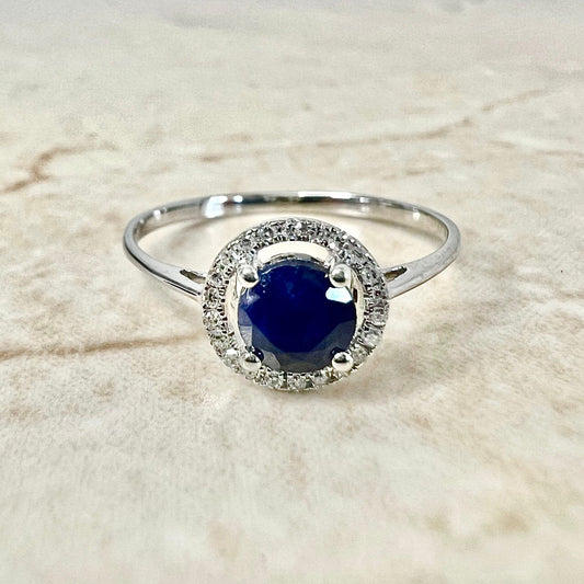 14K Round Sapphire Halo Ring - White Gold Blue Sapphire Ring - Gemstone Halo Ring - Sapphire Promise Ring-September Birthstone-Birthday Gift