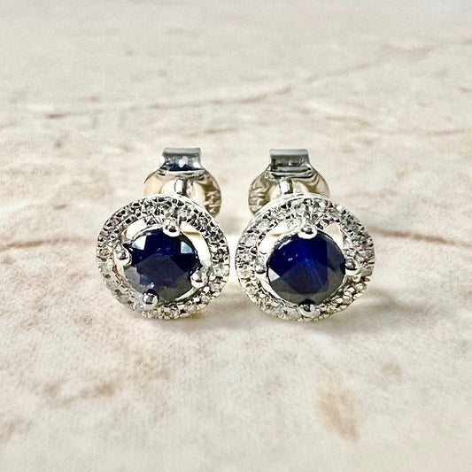 14K Round Sapphire Halo Stud Earrings - White Gold Sapphire Studs -Gold Sapphire Earrings - Blue Sapphire Halo Earrings-September Birthstone