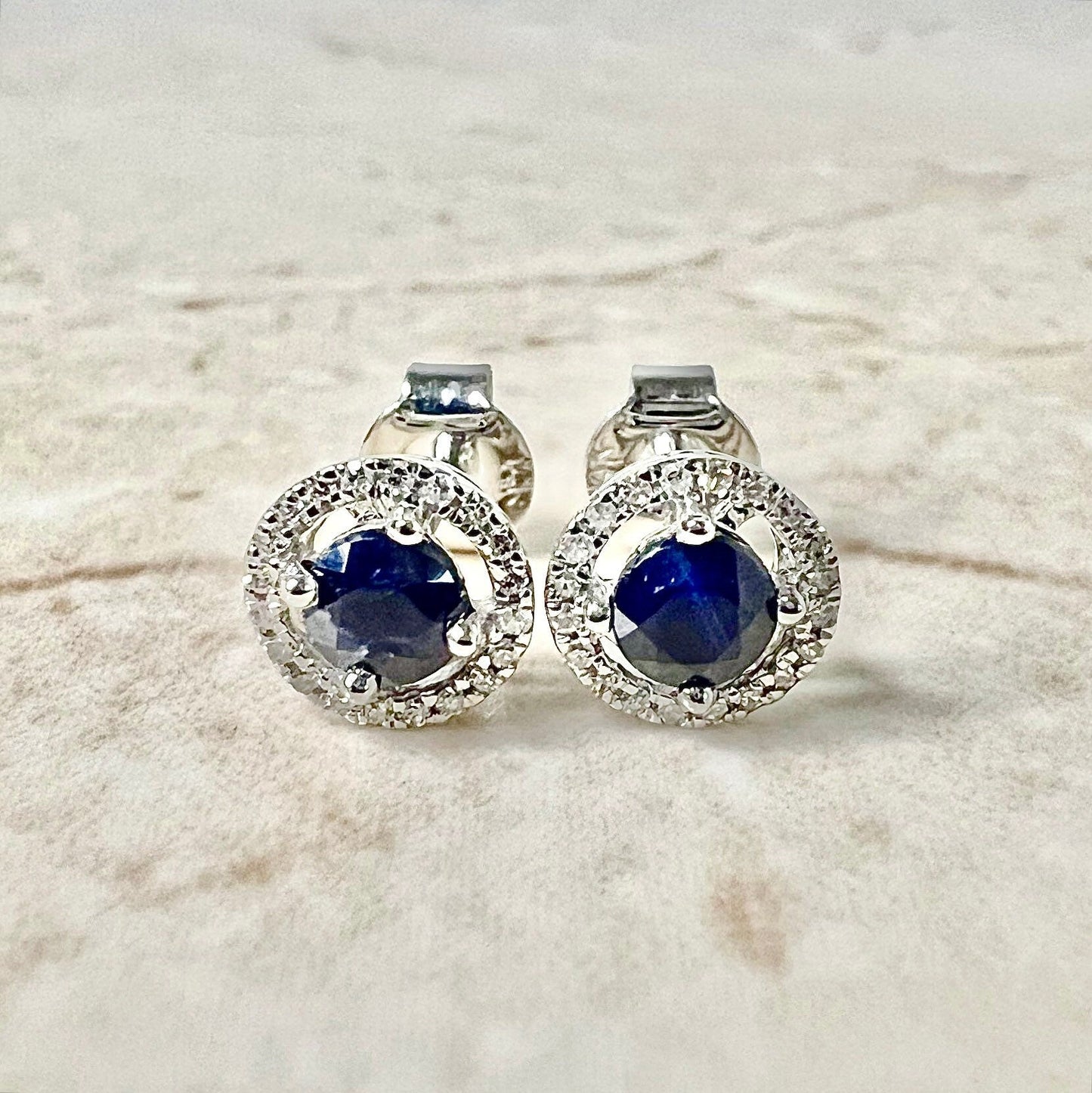 14K Round Sapphire Halo Stud Earrings - White Gold Sapphire Studs -Gold Sapphire Earrings - Blue Sapphire Halo Earrings-September Birthstone