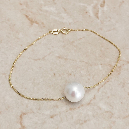 14K Yellow Gold White Pearl Bracelet - Genuine Pearl Bracelet - Single Pearl Bracelet - Birthday Gift - June Birthstone - Best Gift For Her