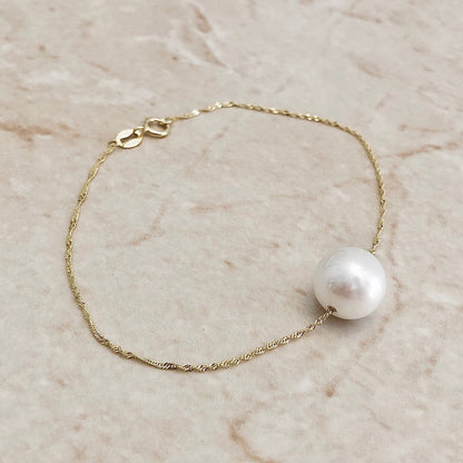 14K Yellow Gold White Pearl Bracelet - Genuine Pearl Bracelet - Single Pearl Bracelet - Birthday Gift - June Birthstone - Best Gift For Her