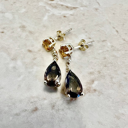 14K Citrine, Smoky Quartz & Diamond Dangle Earrings - Yellow Gold - April June November Birthstone - Genuine Gemstone - Birthday Gift