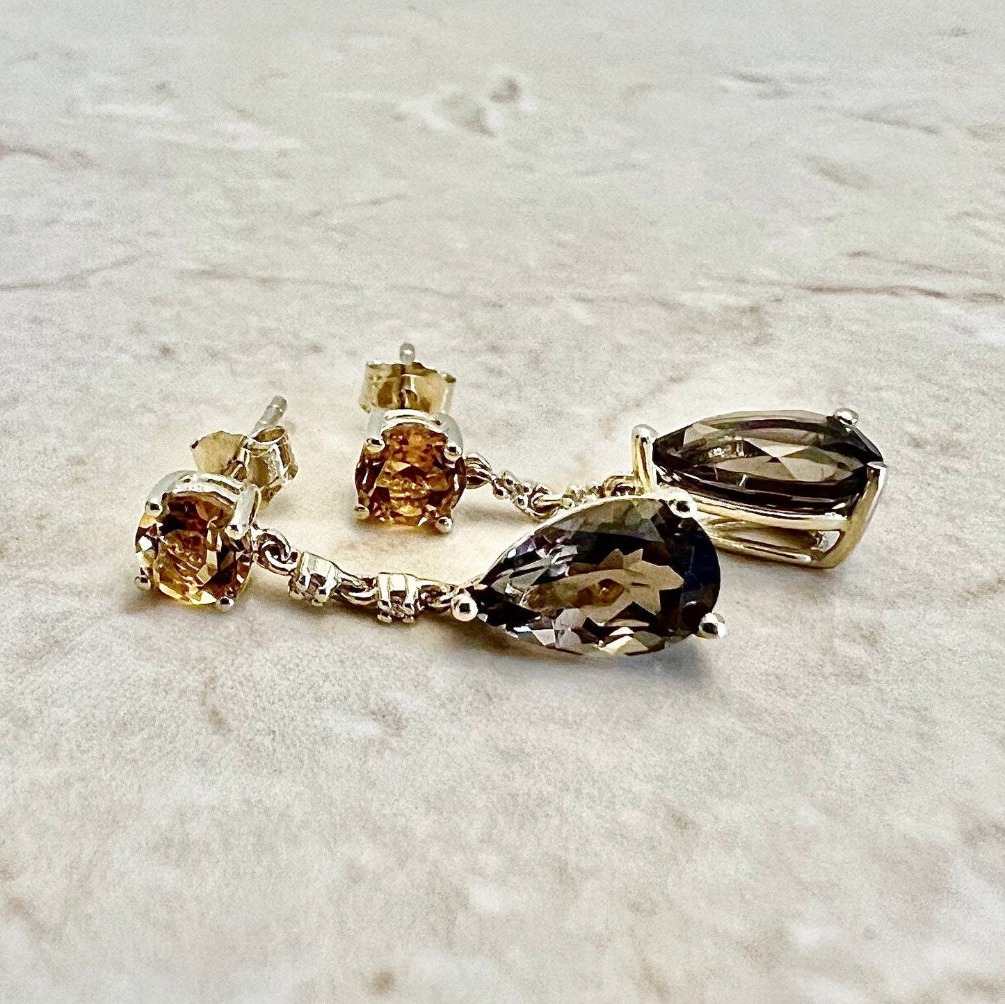 14K Citrine, Smoky Quartz & Diamond Dangle Earrings And Pendant Necklace Set - Yellow Gold - April June November Birthstone - Birthday Gift