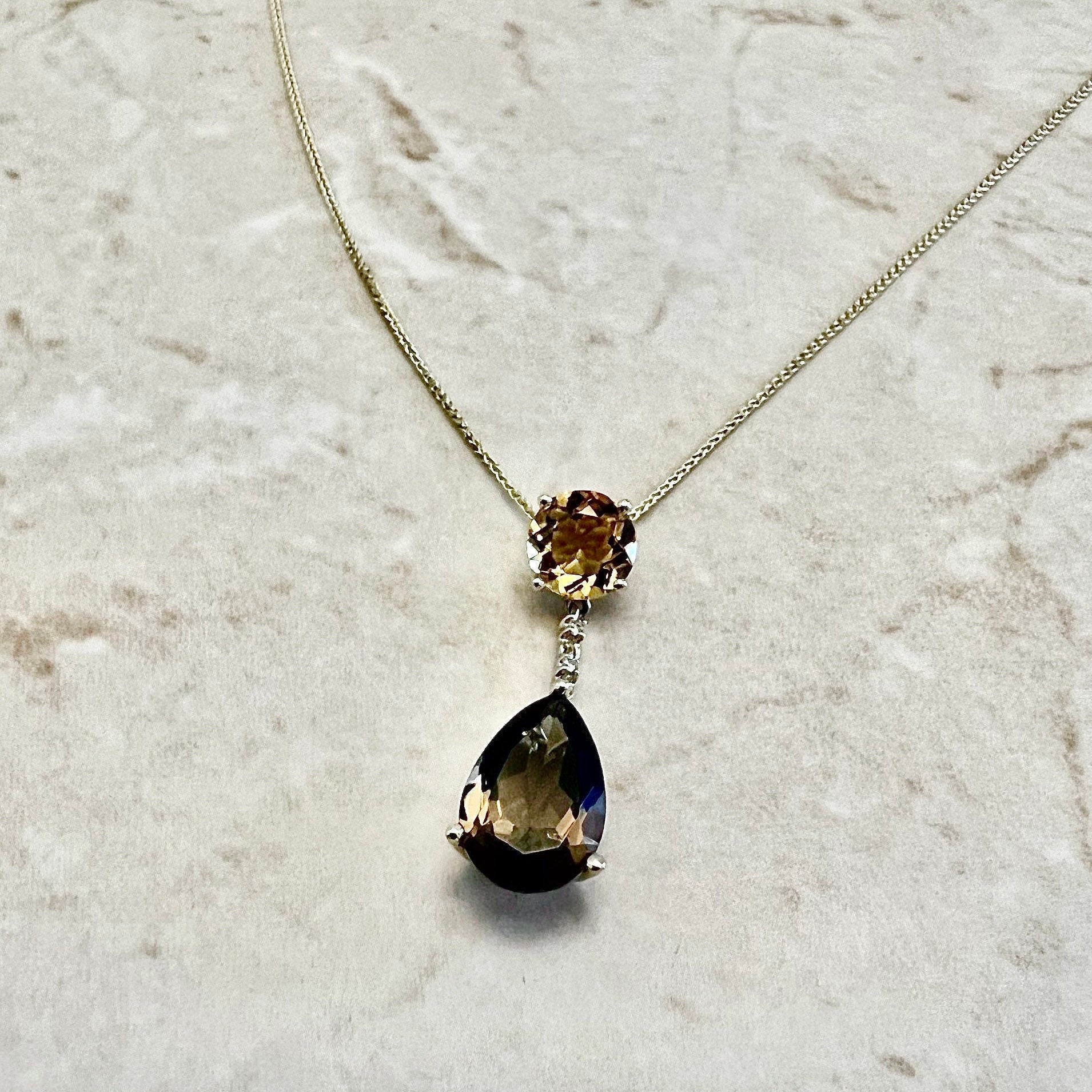 14K Citrine, Smoky Quartz & Diamond Pendant Necklace - Yellow Gold Pendant Necklace - April, June November Birthstone - Birthday Gift