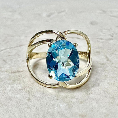 14 Karat Yellow Gold Swiss Blue Topaz Solitaire Cocktail Ring - WeilJewelry