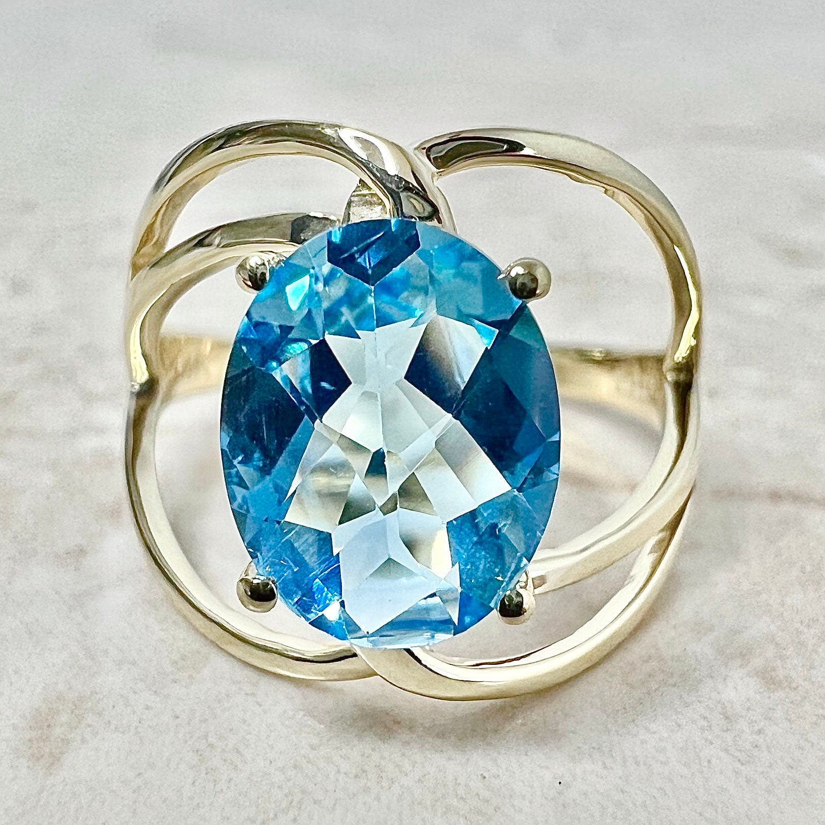 14 Karat Yellow Gold Swiss Blue Topaz Solitaire Cocktail Ring - WeilJewelry