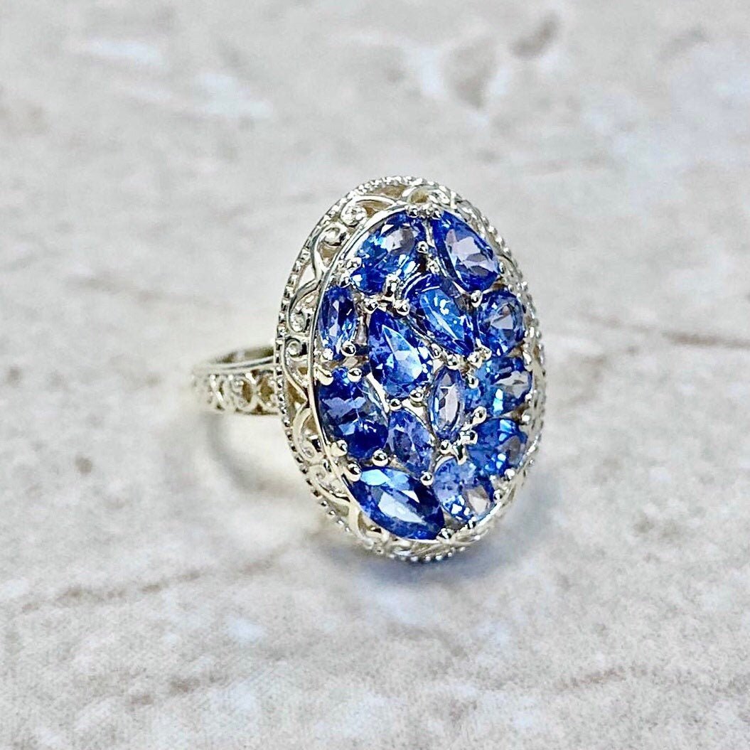 14K Yellow Gold Tanzanite Cocktail Ring - December Birthstone - Birthday Gift - Antique Style Filigree Ring - Size 7 US