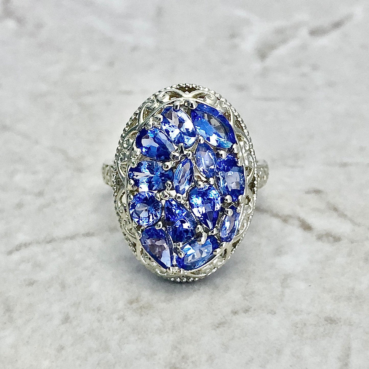 14K Yellow Gold Tanzanite Cocktail Ring - December Birthstone - Birthday Gift - Antique Style Filigree Ring - Size 7 US