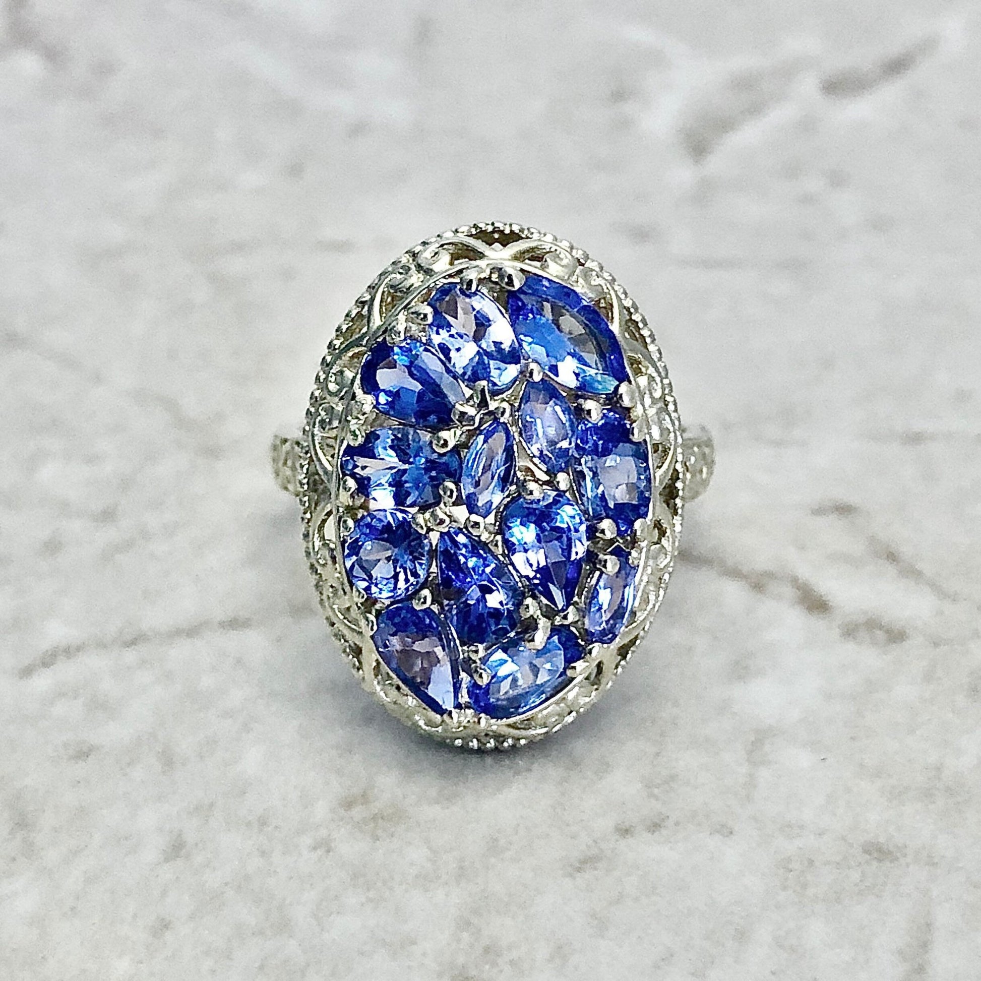 14K Yellow Gold Tanzanite Cocktail Ring - December Birthstone - Birthday Gift - Antique Style Filigree Ring - Size 7 US