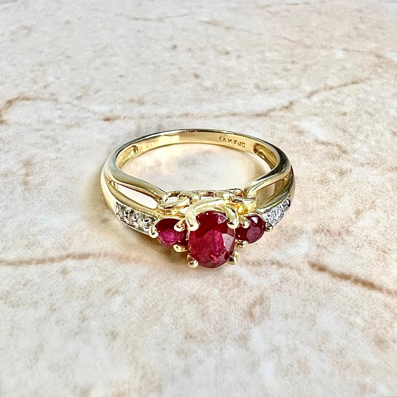 14K 3 Stone Ruby Ring - Yellow Gold Oval Ruby Ring - Natural Ruby Ring - July Birthstone Ring - Ruby Cocktail Ring - 14K Gold 3 Stone Ring