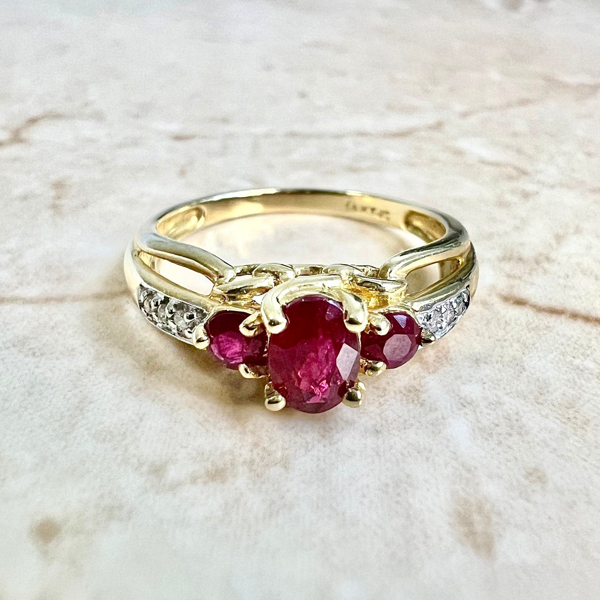 14K 3 Stone Ruby Ring - Yellow Gold Oval Ruby Ring - Natural Ruby Ring - July Birthstone Ring - Ruby Cocktail Ring - 14K Gold 3 Stone Ring