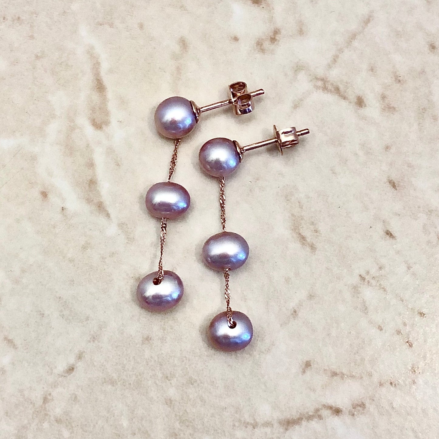 14 Karat Rose Gold Pink Pearl Tin-Cup-Pearl Drop Earrings