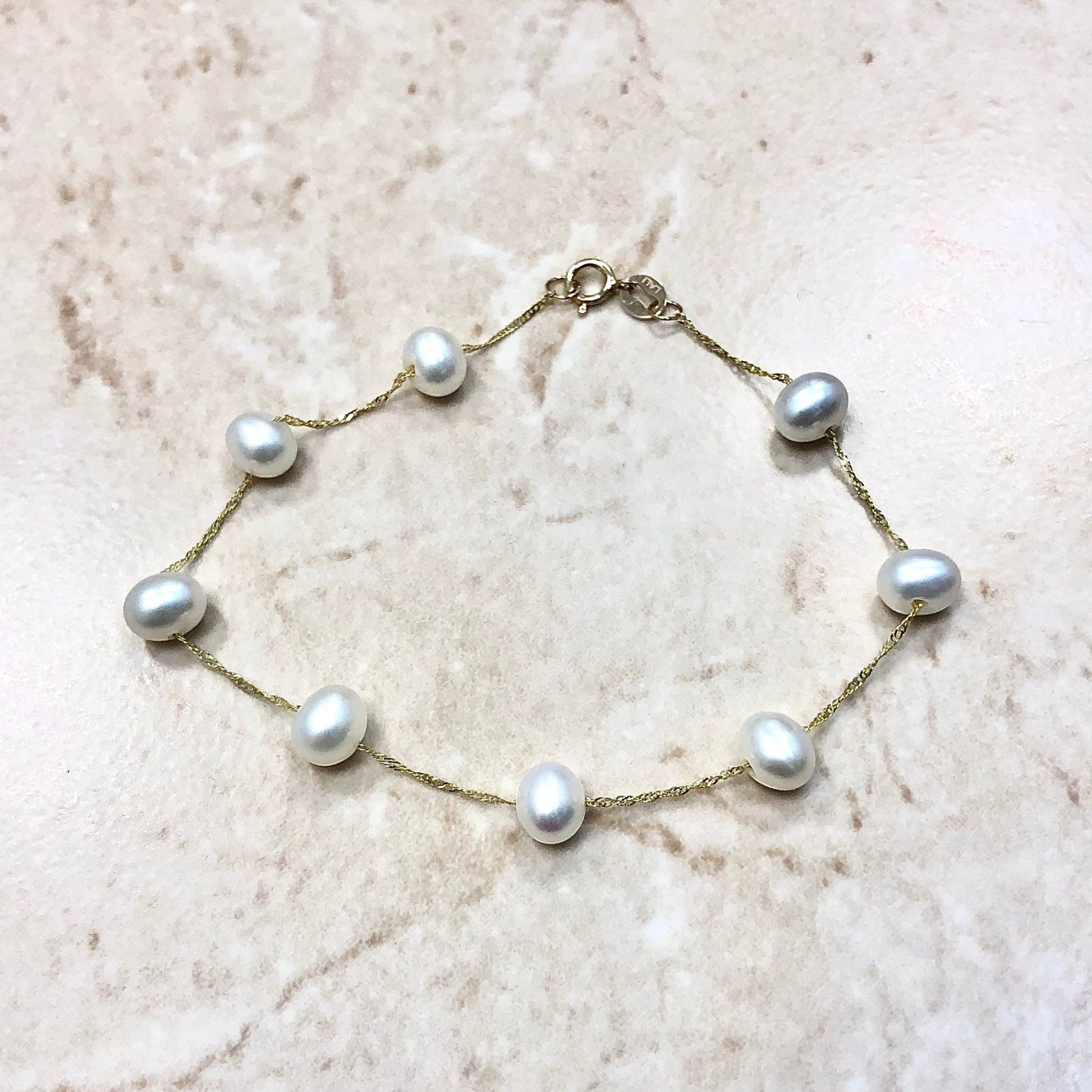 14 Karat Yellow Gold Tin Cup White Pearl Bracelet - WeilJewelry