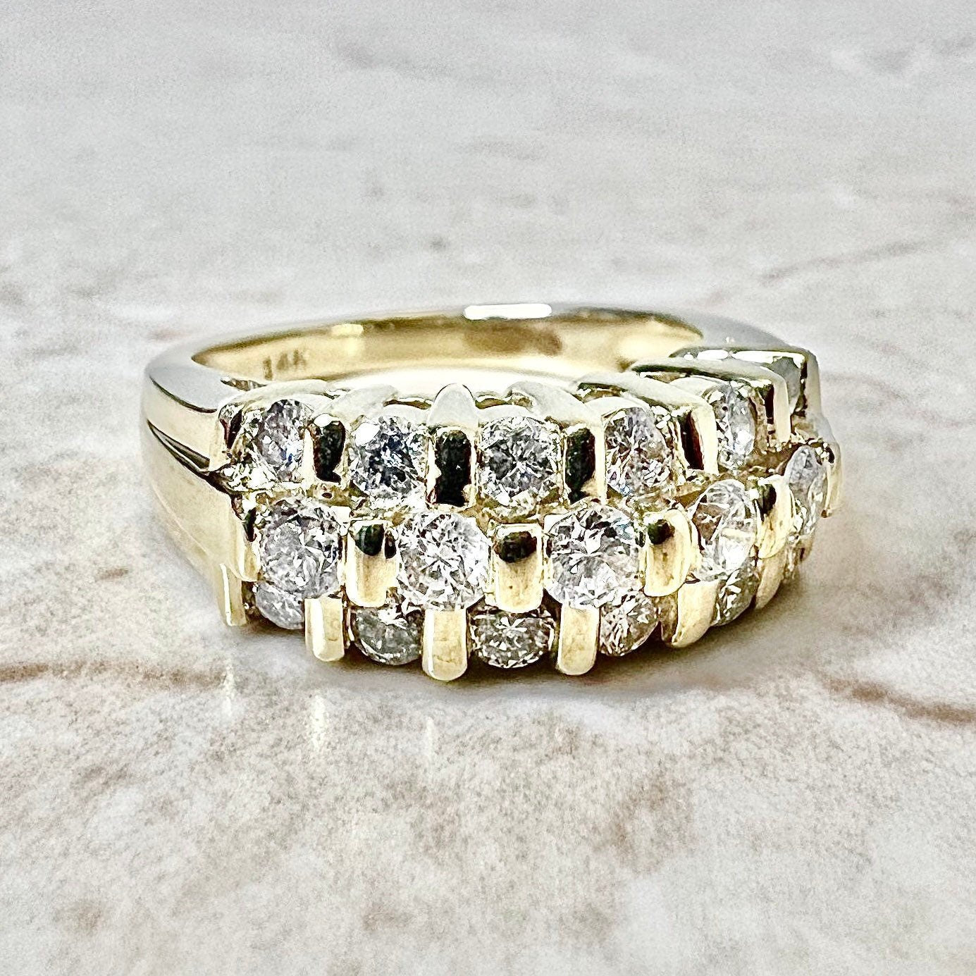 14K Triple Row Diamond Band Ring - Yellow Gold Eternity Ring - Wedding Ring - Bridal Jewelry - Anniversary Ring - Best Gift For Her
