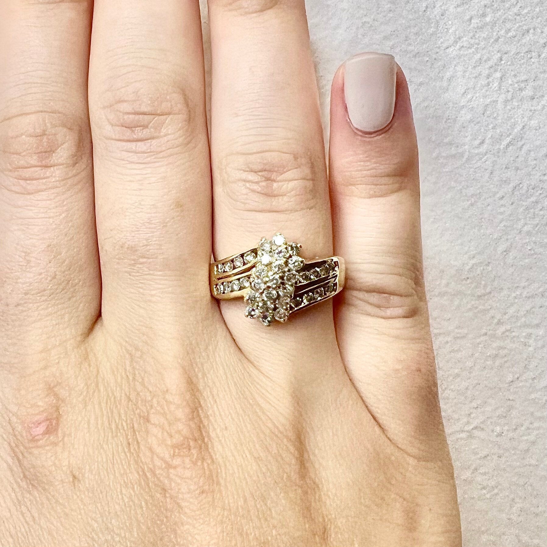 14K Diamond Cluster Ring 0.85 CTTW - Yellow Gold Diamond Cocktail Ring - Engagement Ring - Bypass Anniversary Ring - Best Gift For Her