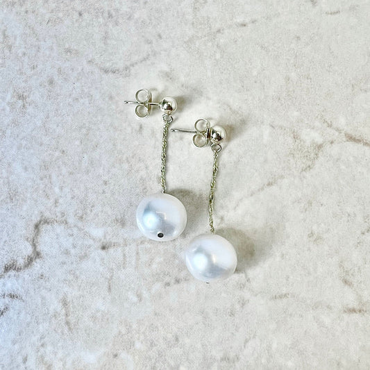 14K White Pearl Drop Earrings - Yellow Gold Genuine Pearl Earrings - Birthday Gift - June Birthstone - Best Gift For Her - Jewelry sale