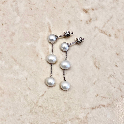 14K Karat White Gold White Pearl Tin - Cup - Pearl Drop Earrings - WeilJewelry