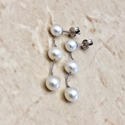 14K Karat White Gold White Pearl Tin - Cup - Pearl Drop Earrings - WeilJewelry