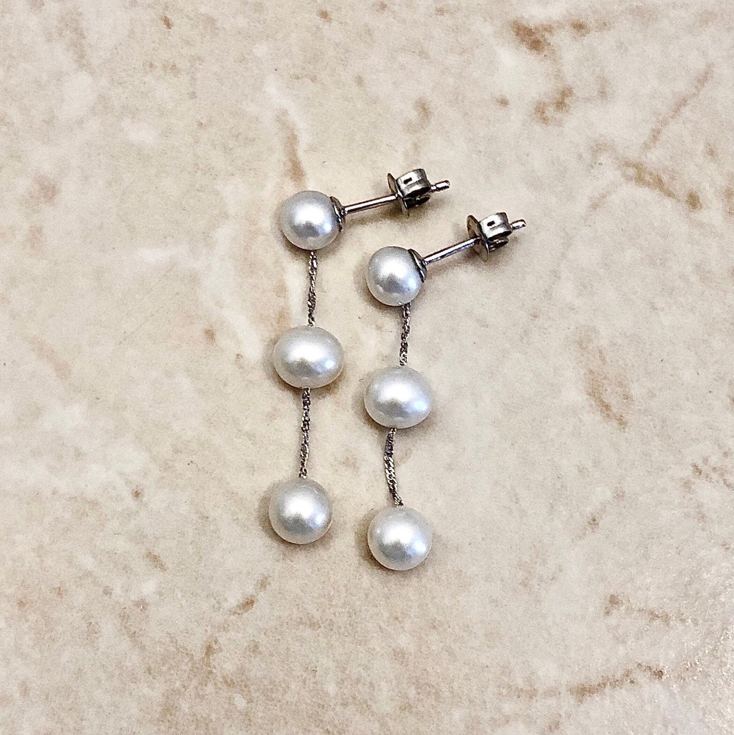 14K Karat White Gold White Pearl Tin - Cup - Pearl Drop Earrings - WeilJewelry